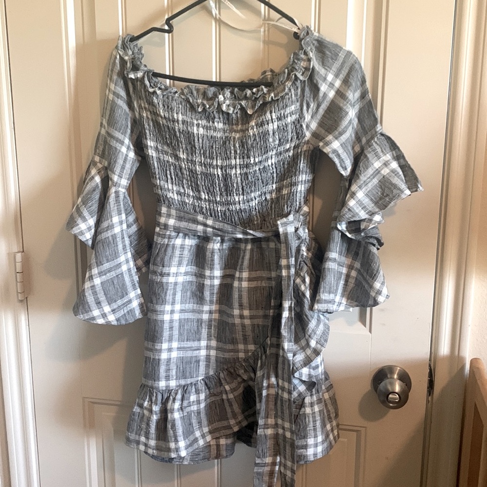 Nude off the shoulder frill mini dress!